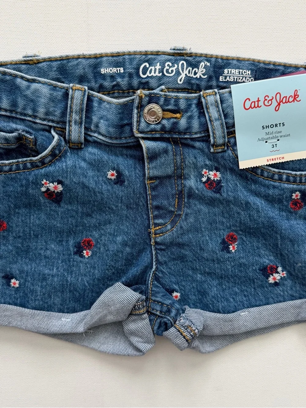 Cat & Jack Denim Shorts with Red White Blue Floral Embroidery Size 3T